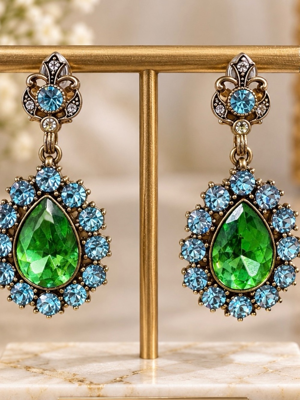 Emerald Teardrop Crystal Drop Earrings - Green & Light Blue
